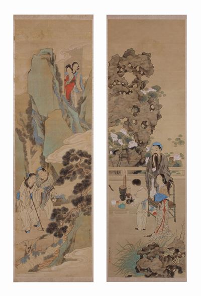 Cina, XIX secolo, Coppia di dipinti raffiguranti scene di corte e paesaggio
