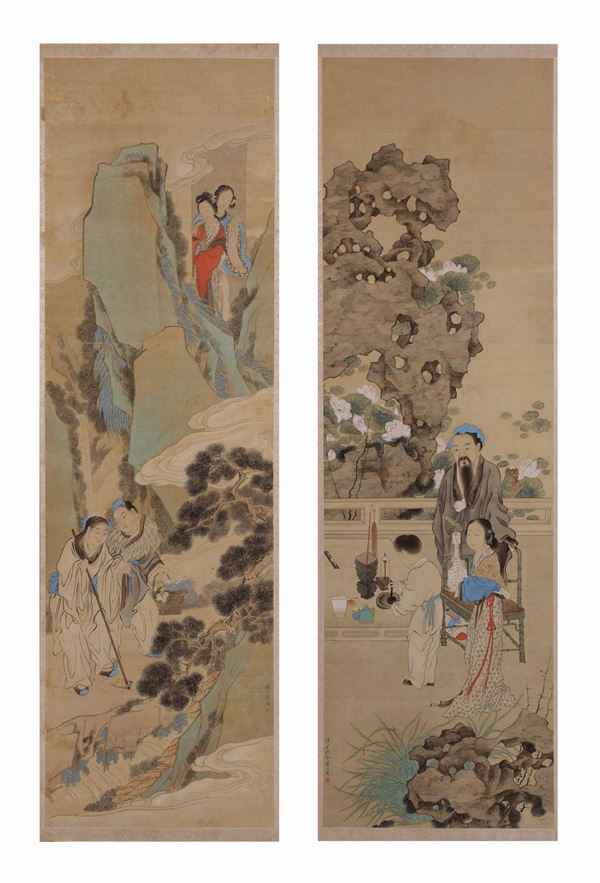  DUE DIPINTI RAFFIGURANTI SCENE DI CORTE E PAESAGGIO   (Cina, XIX secolo)  - Asta Fine Asian Art - Marcopolo srl - Marcopolo Asian Art Auction Milano