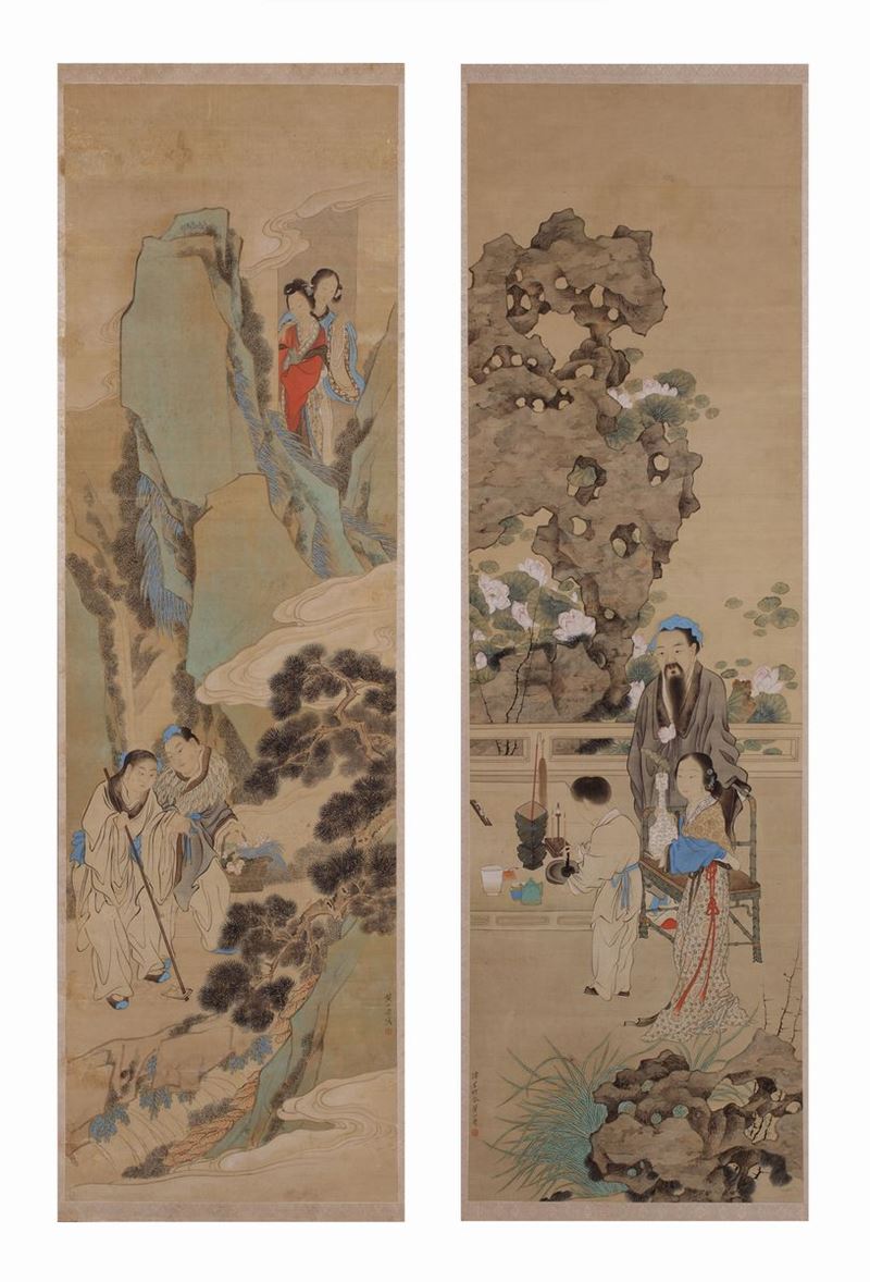 Cina, XIX secolo, Coppia di dipinti raffiguranti scene di corte e paesaggio