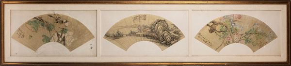 THREE PAINTED PAPER FANS