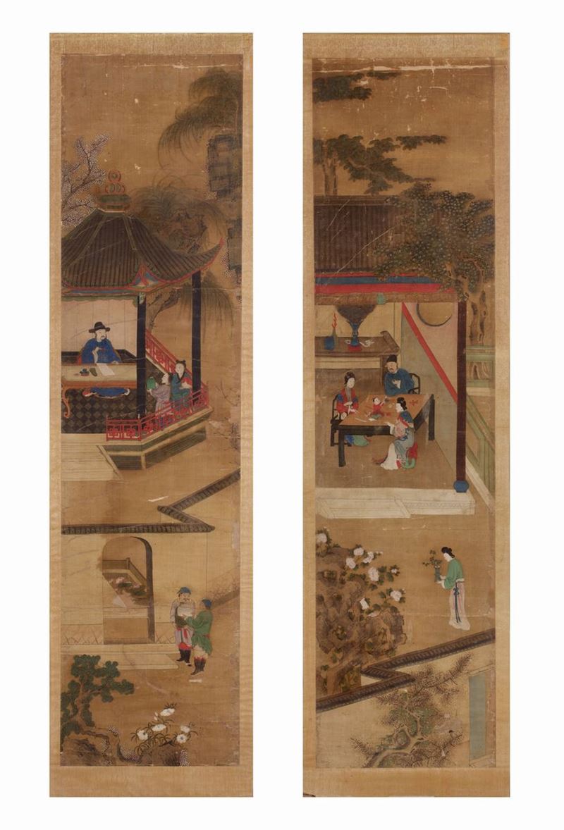 Coppia di dipinti su seta, Scene di corte, Cina, XIX secolo