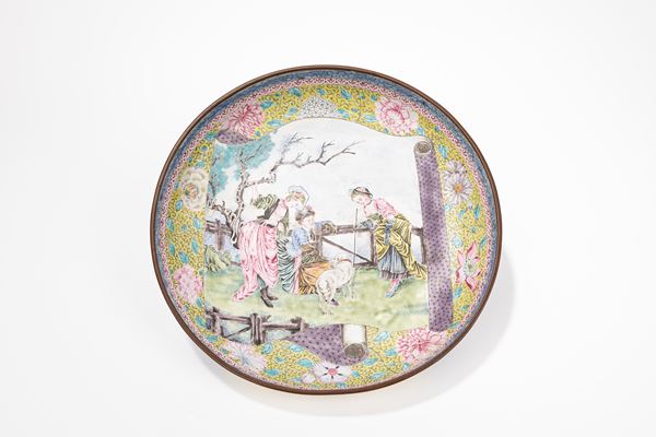 AN ENAMEL ON COPPER DISH WITH EUROPEAN SUBJECT
