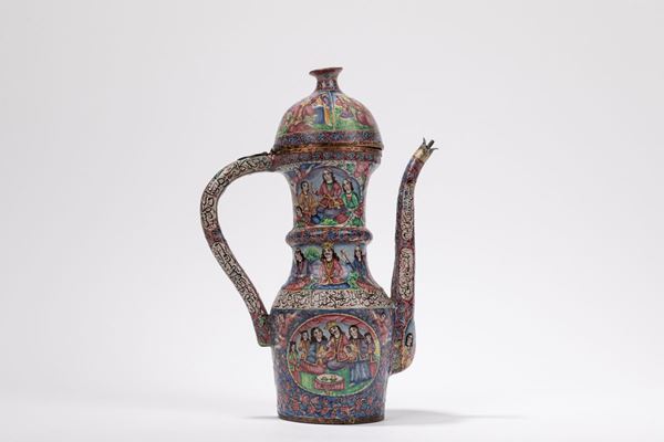 BROCCA DA CAFFÈ QAJAR IN RAME SMALTATO CON COPERCHIO