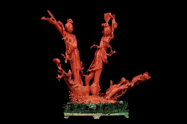 ☼A CARVED GROUP OF RED CORAL
