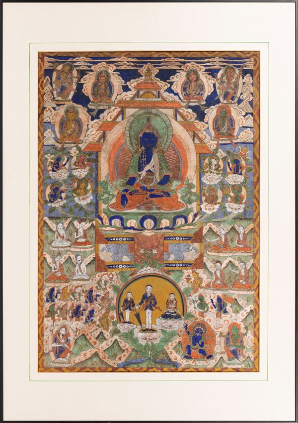 A COTTON THANGKA DEPICTING THE TRANSCENDENT BUDDHA AKSOBHYA