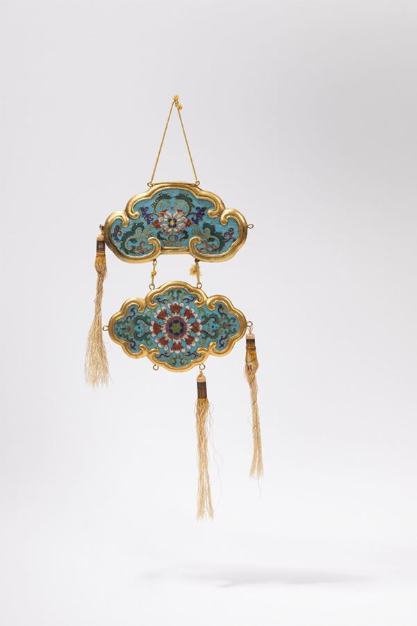 TWO GILT-COPPER CLOISONNE PLAQUES