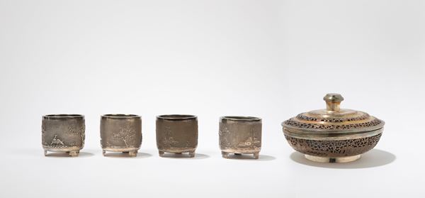 FOUR SILVER CANDLE-HOLDERS AND A SILVER BOX 