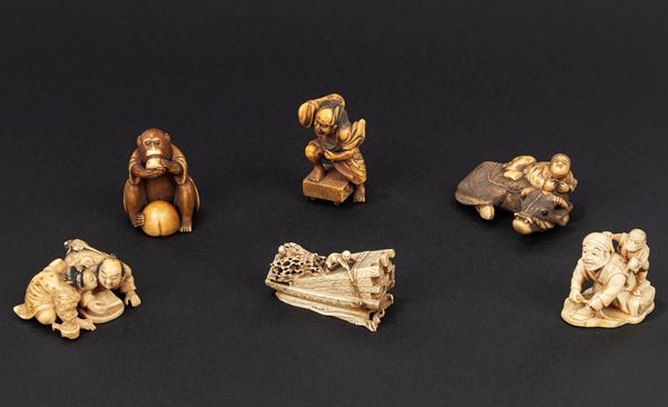 ☼LOTTO COMPOSTO DA SEI NETSUKE/OKIMONO IN AVORIO