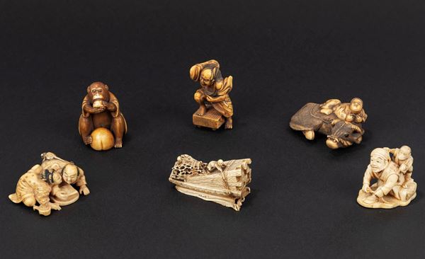 ☼SIX IVORY NETSUKE/OKIMONO