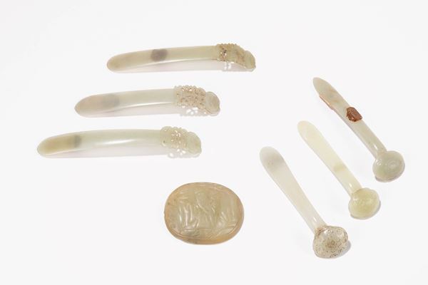 ONE JADE PLAQUE, THREE RUYI SCEPTERS AND THREE PAPERWEIGHTS