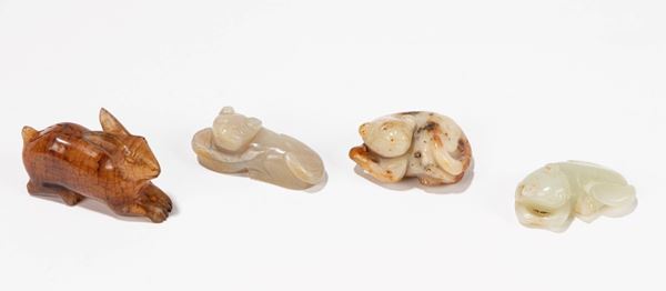 FOUR AGATE / JADE SCULPTURES