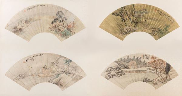 FOUR PAINTED FANS ON PAPER