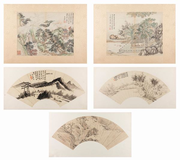 THREE PAINTED FANS AND TWO PAINTINGS ON PAPER