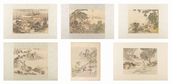 FIVE PAINTINGS ON SILK AND ONE ON PAPER