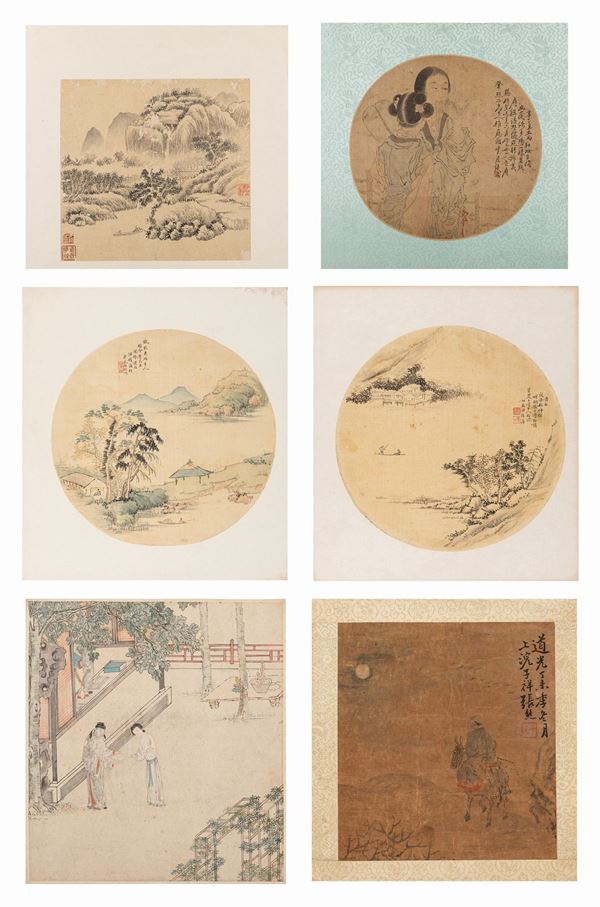 THREE PAINTINGS ON SILK AND THREE ON PAPER