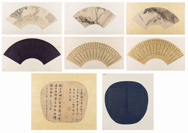 SIX PAINTED FANS ON PAPER AND TWO PAINTINGS ON SILK