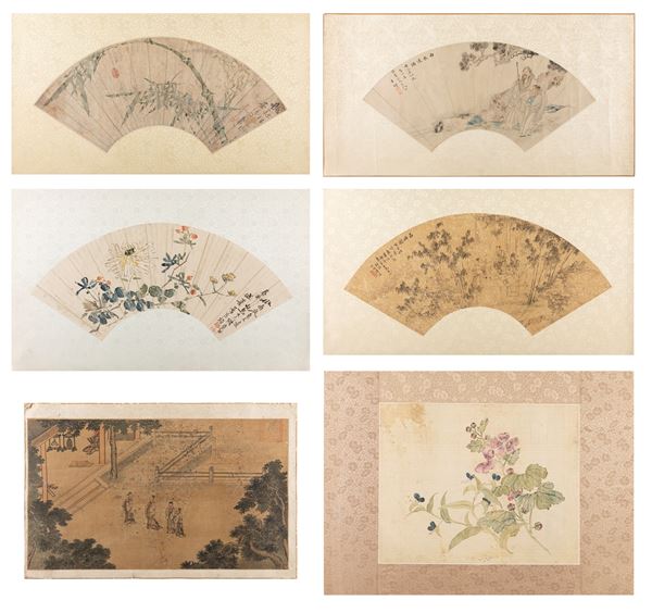FOUR PAINTED FANS AND TWO PAINTINGS ON SILK