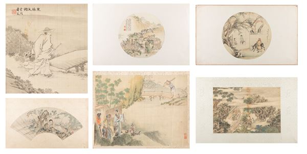 FIVE PAINTINGS ON SILK AND ONE FAN PAINTED ON PAPER