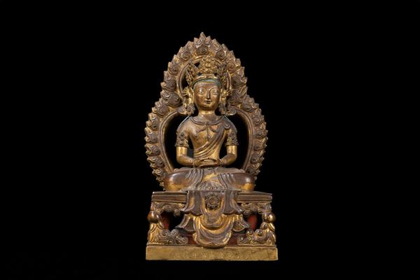 BUDDHA AMITAYUS IN BRONZO DORATO CON FIAMMA