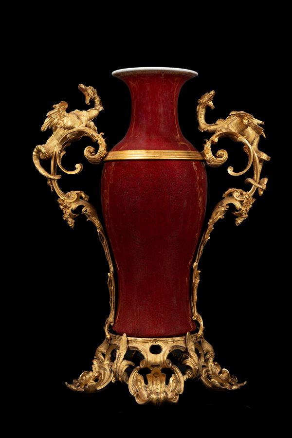 A LARGE LANGYAO BALUSTER SHAPED VASE ORMOLU MONTED
