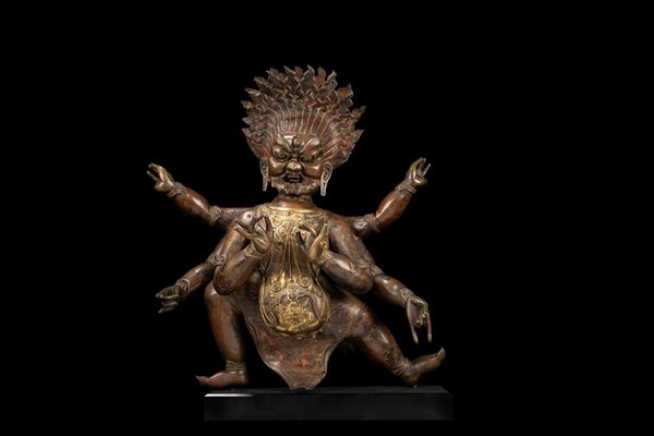 A LARGE GILT COPPER AND BRONZE FIGURE OF MAHAKALA