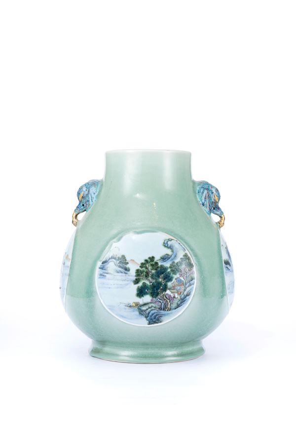 A CELADON AND FAMILLE ROSE HU-SHAPED PORCELAIN VASE