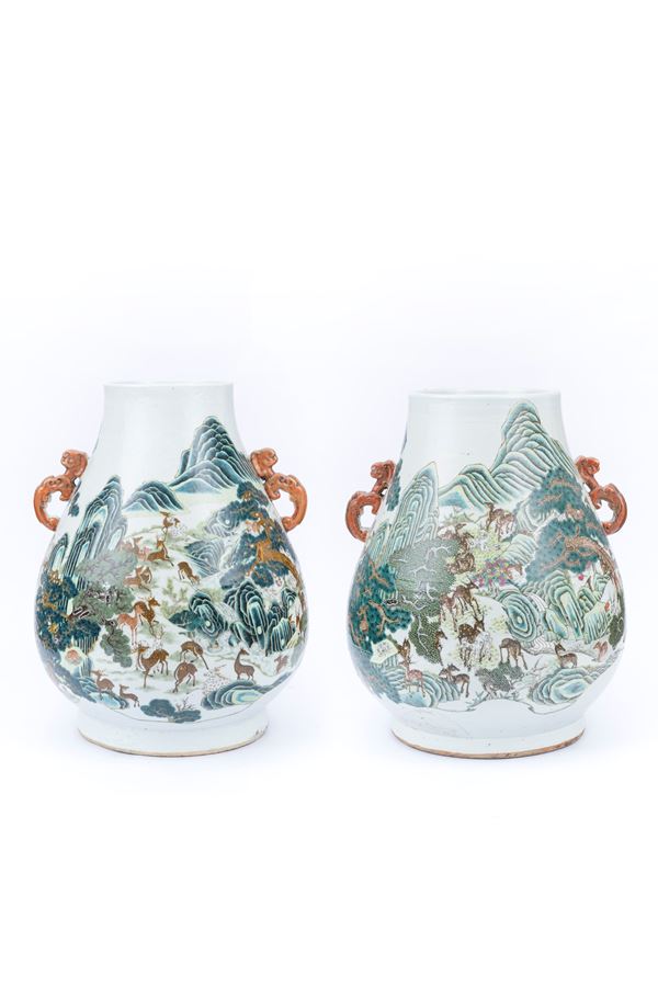 TWO FAMILLE ROSE 'HUNDRED DEER' PORCELAIN VASES, HU