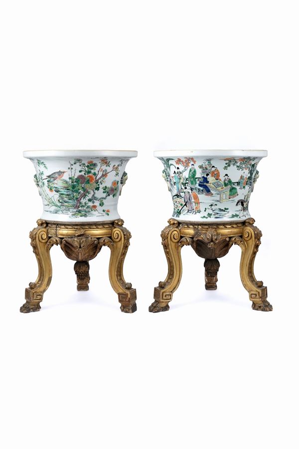 TWO MASSIVE FAMILLE VERTE PORCELAIN JARDINIERES