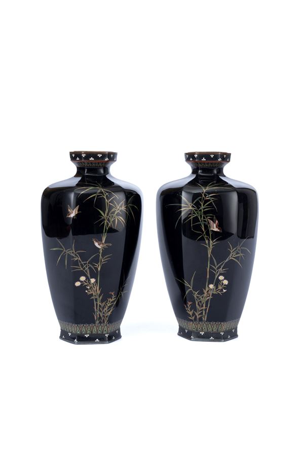 A PAIR OF CLOISONNÉ SILVER VASES