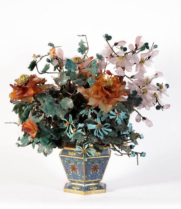 A CLOISONNE AND HARD STONES FLOWER VASE