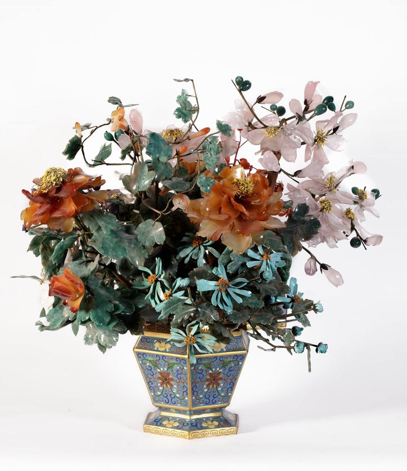 Vaso di Fiori in Cloisonné e Pietre Dure