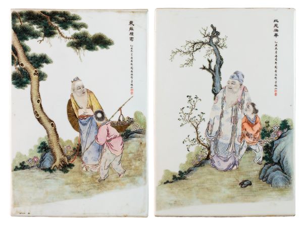 TWO FAMILLE ROSE PORCELAIN PLAQUES SIGNED BY LIU XIREN