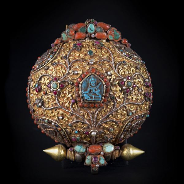 GILT AND SILVERED COPPER GAU BOX WITH GEMS AND TURQUOISE
