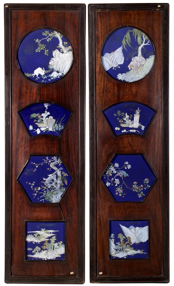 AN EXTREMELY RARE PAIR OF WOODEN AND POWDER-BLUE PORCELAIN QIANJIANGCAI PANELS SIGNED BY WANG JUNSHUN