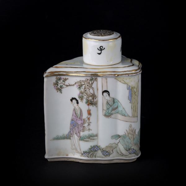  PORCELAIN QIANJIANG TEA CADDY SIGNED BY TANG ZIZHEN