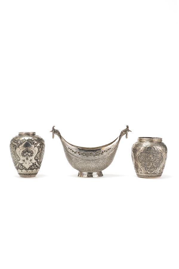 SET OF THREE SILVER VASES