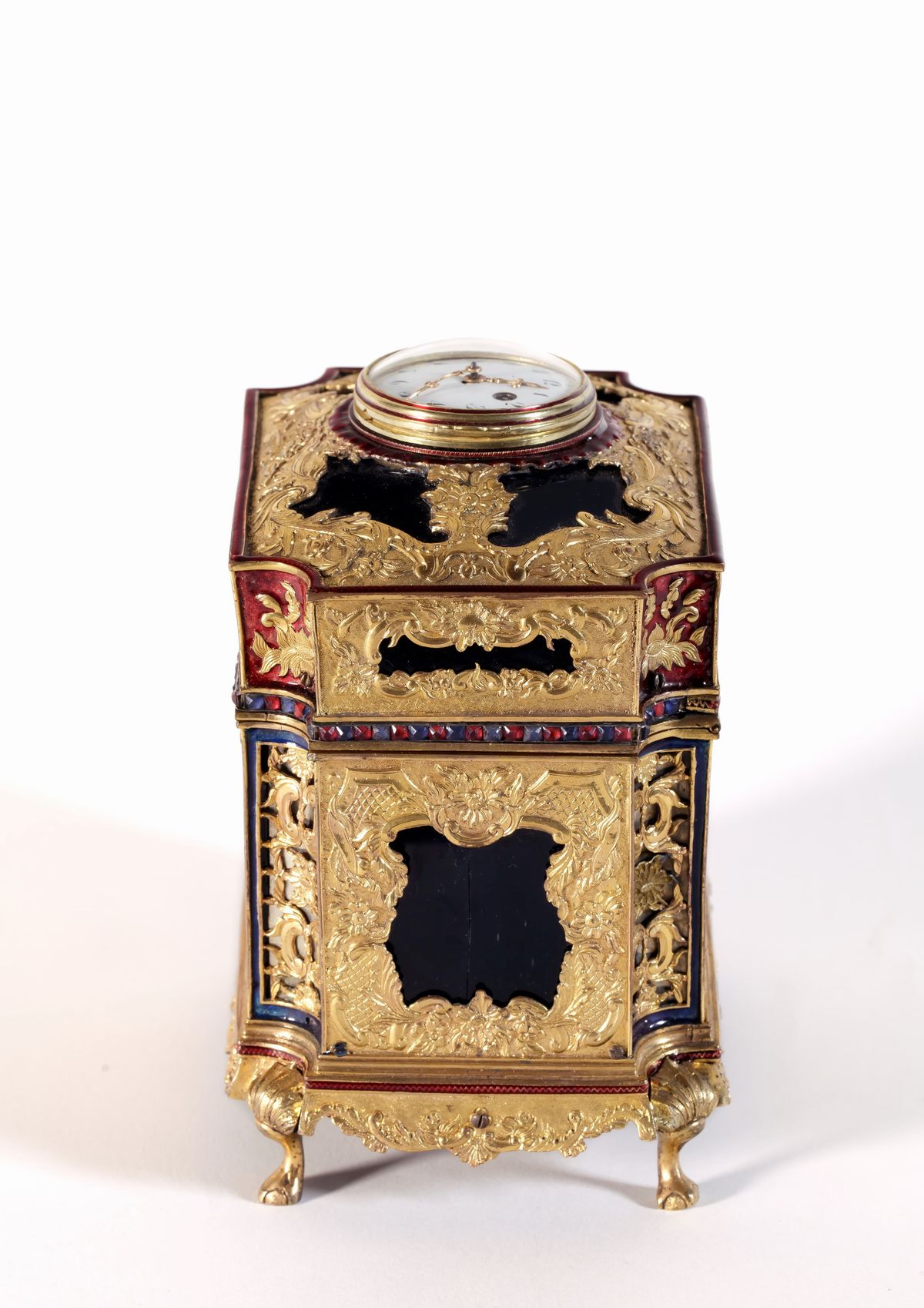 Raro Scrigno Montato con Orologio in Metallo Dorato e Vetro
