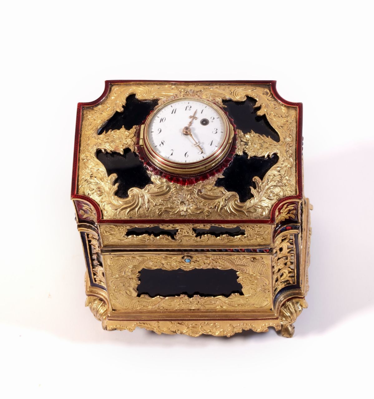 Raro Scrigno Montato con Orologio in Metallo Dorato e Vetro