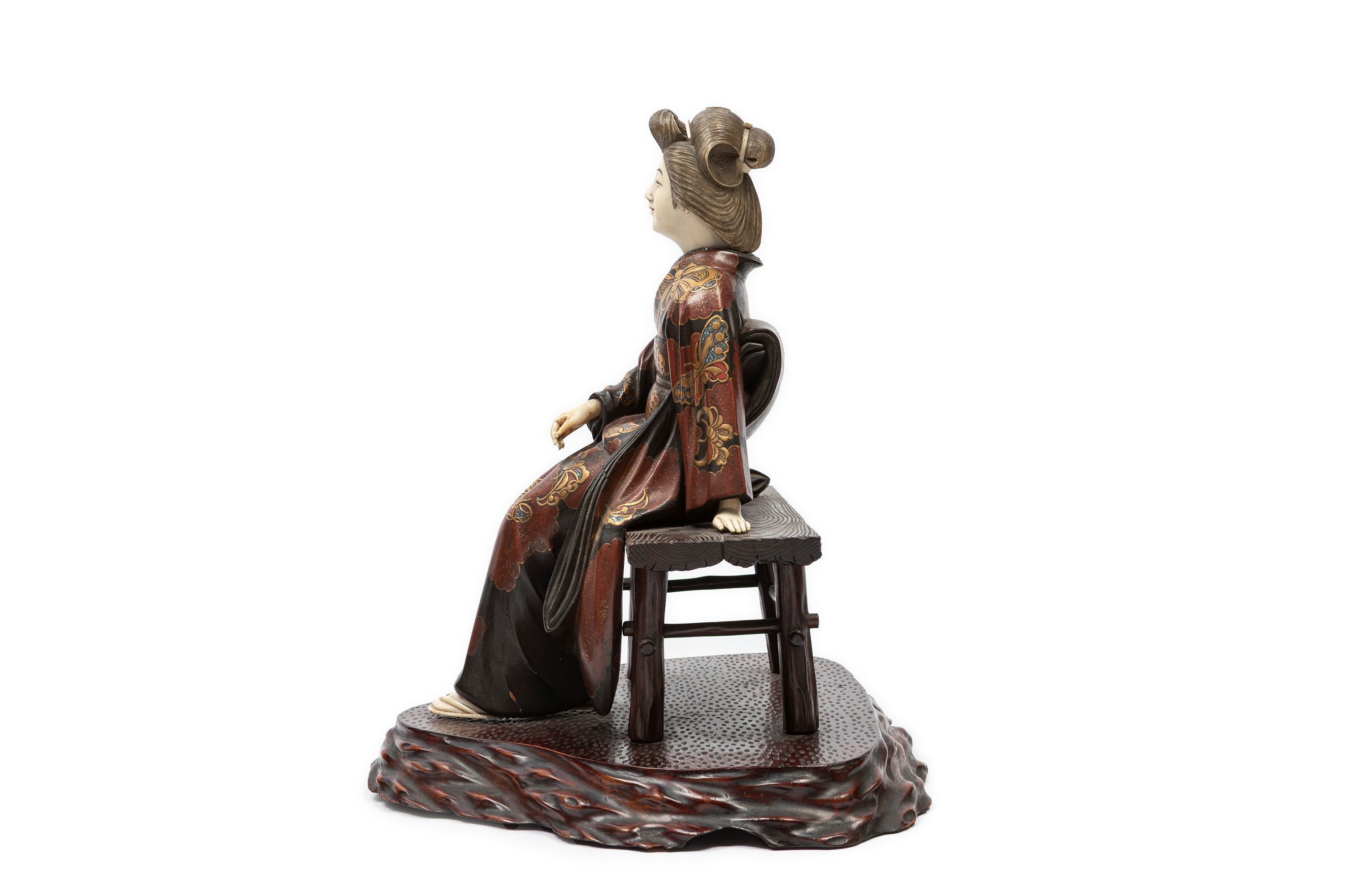 ☼okimono in Legno con Parti in Avorio