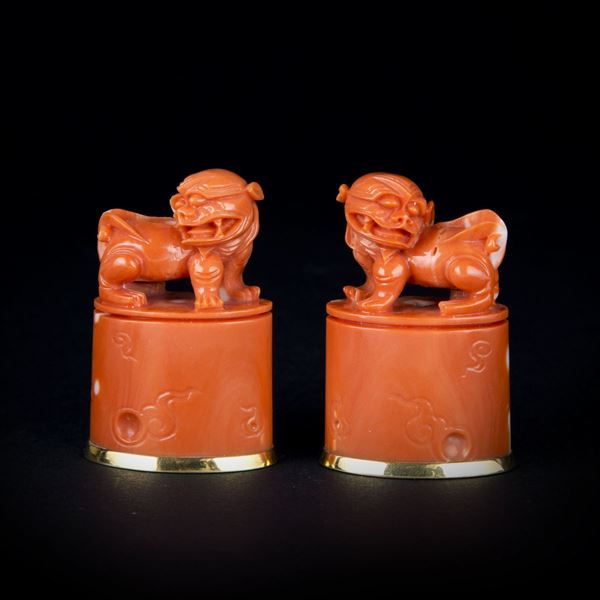  PAIR OF RED CORAL AND GOLD SEALS