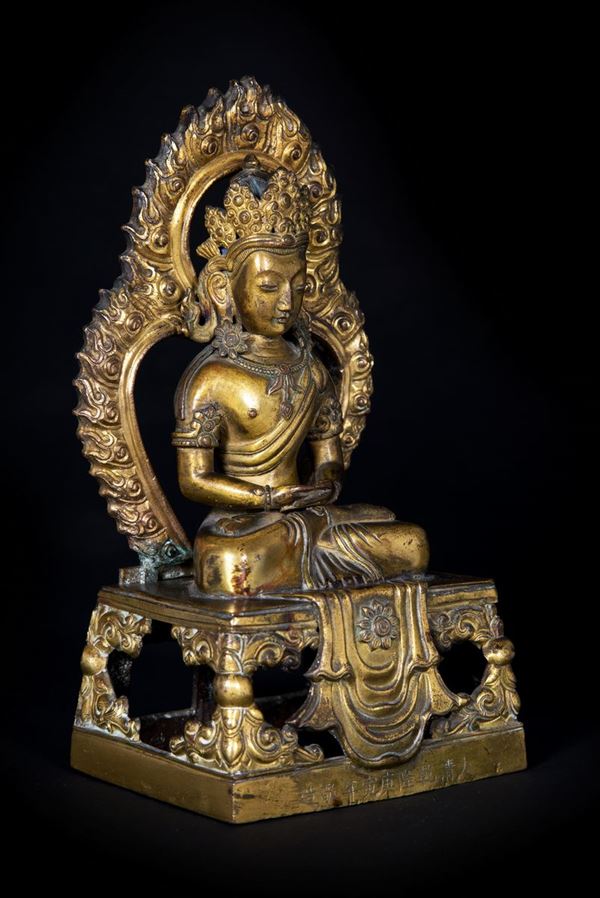  BUDDHA AMITAYUS IN BRONZO DORATO CON FIAMMA