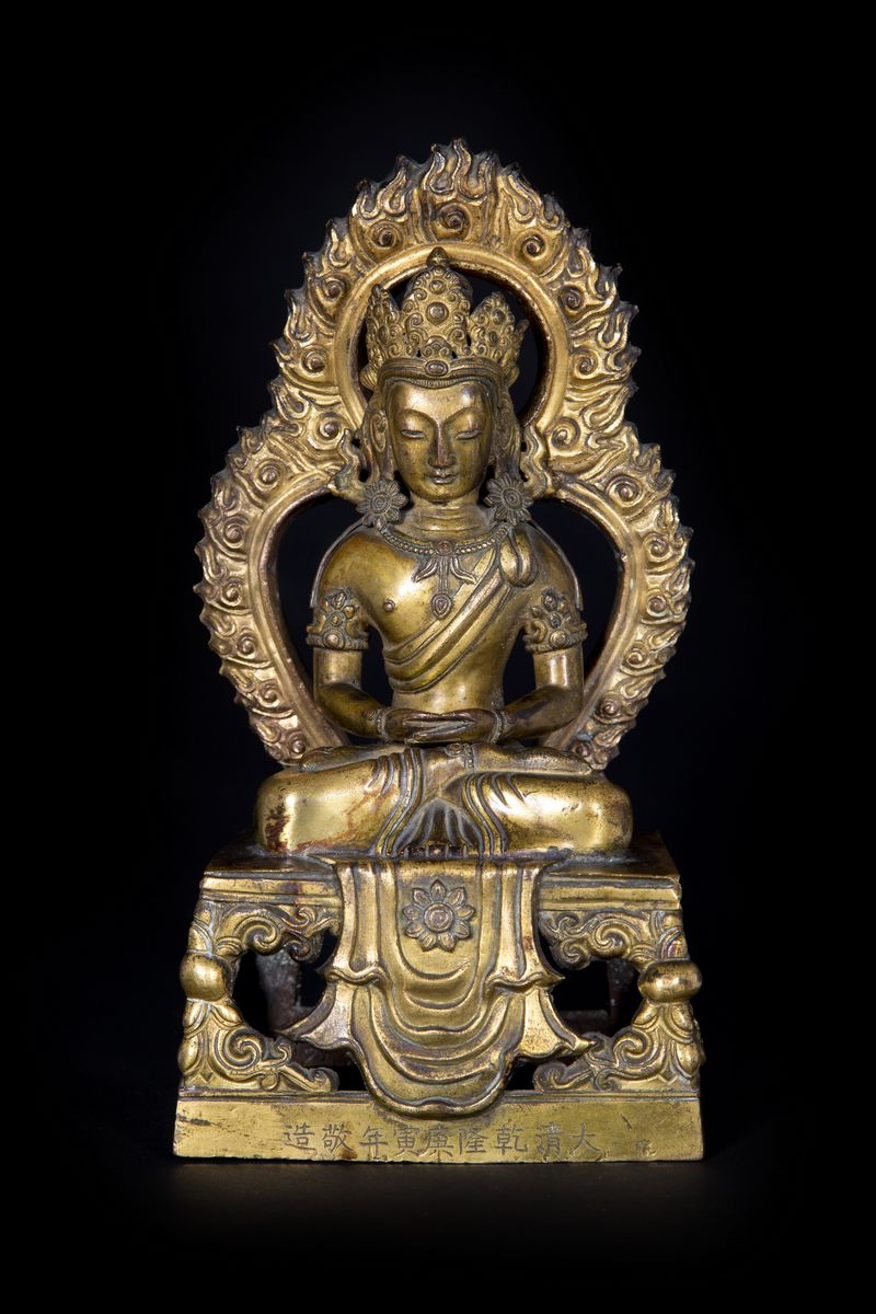 BUDDHA AMITAYUS IN BRONZO DORATO CON FIAMMA