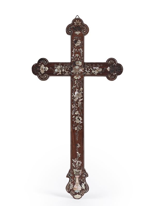 ☼CHINESE MOTHER-OF-PEARL INLAID WOOD CROSS CRUX