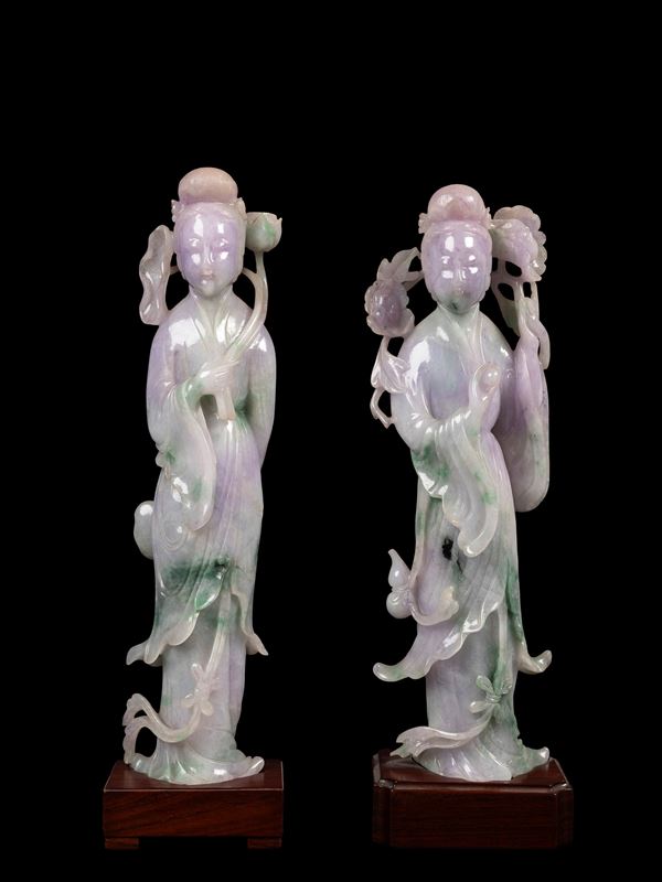 A PAIR OF JADEITE GUANYIN STATUE