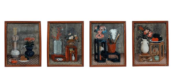 FLOUR CHINESE EXPORT REVERS GLASS PAINTING