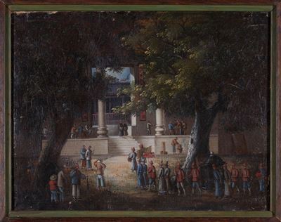 Dipinto cinese del XIX secolo, Scena di corte, olio su tela