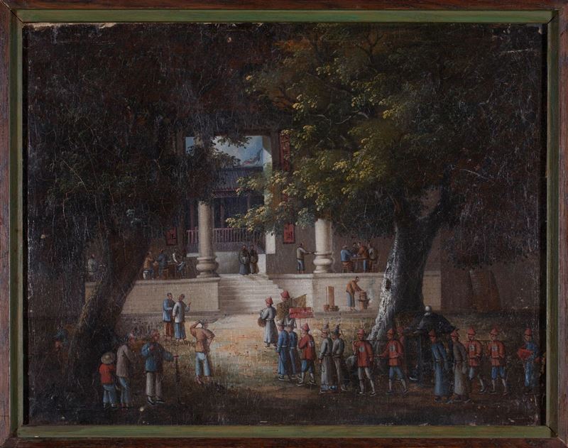 Dipinto cinese del XIX secolo, Scena di corte, olio su tela