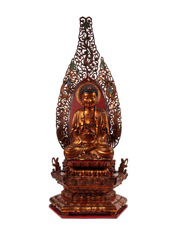 A LACQUERED WOODEN FIGURE OF SAKYAMUNI BUDDHA