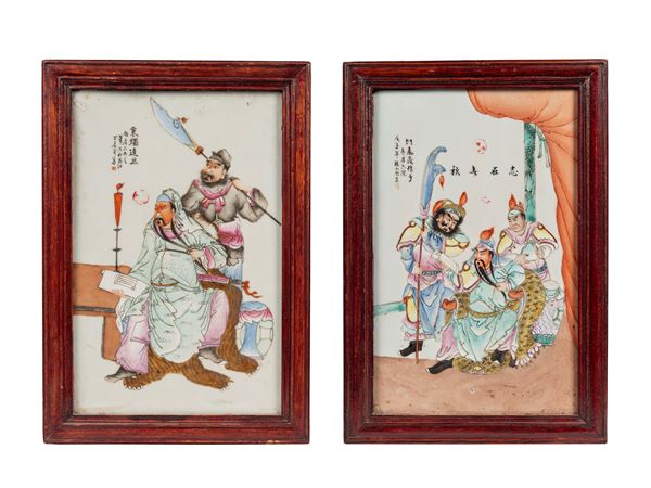 TWO FAMILLE ROSE PORCELAIN PLAQUES WITH FIGURES OF ROMANCE OF THE THREE KINGDOMS