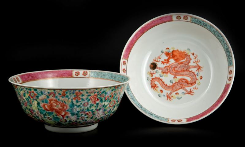 COPPIA DI BOWL IN PORCELLANA MILLEFIORI CON DRAGHI